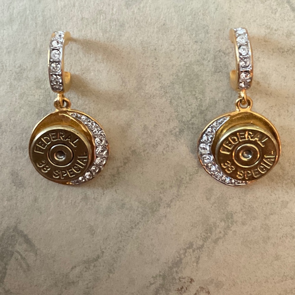 PIERCED EARRINGS.  38 SPECIAL, GOLD PLATED WITH CRYSTALS.  BEAUTIFUL & UNIQUE!